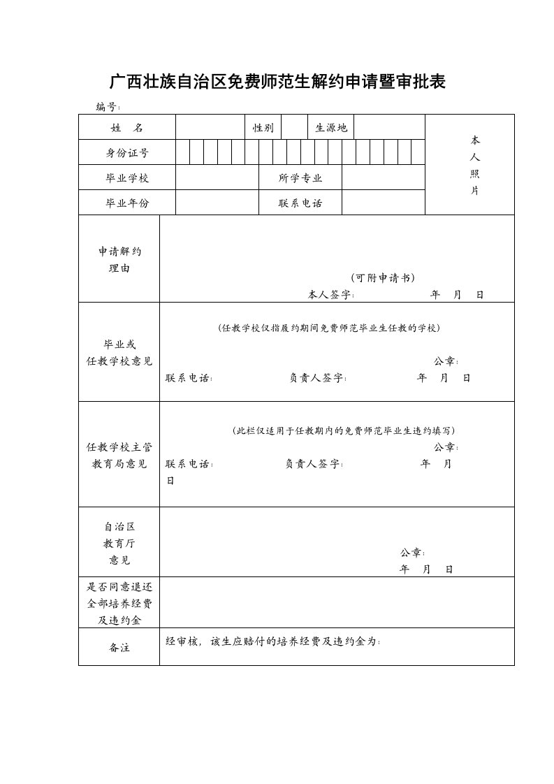 广西壮族自治区免费师范生解约申请暨审批表