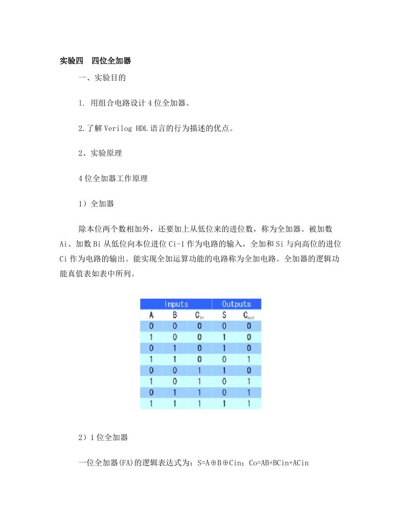 四位全加器实验Verilog