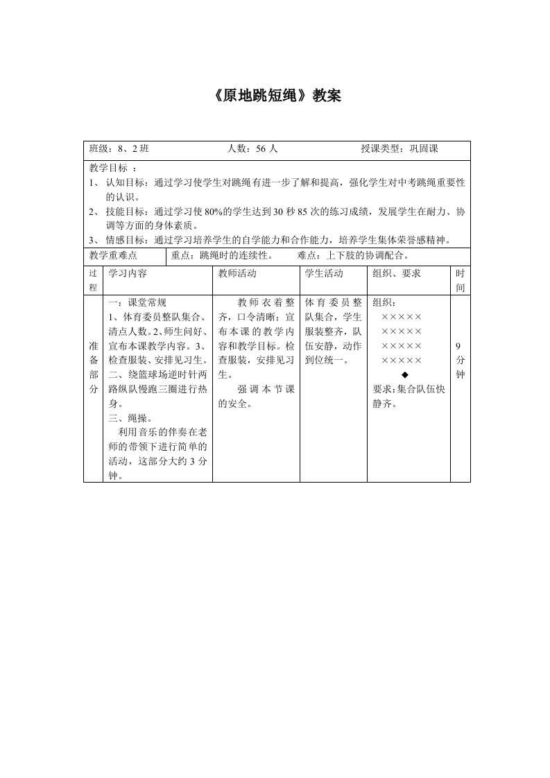 初中体育跳绳教案