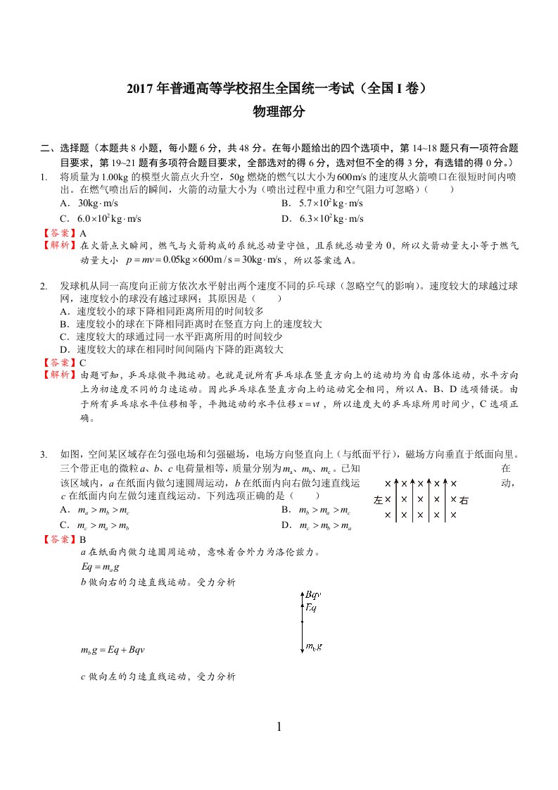 2017年全国卷1理综答案及解析物理部分