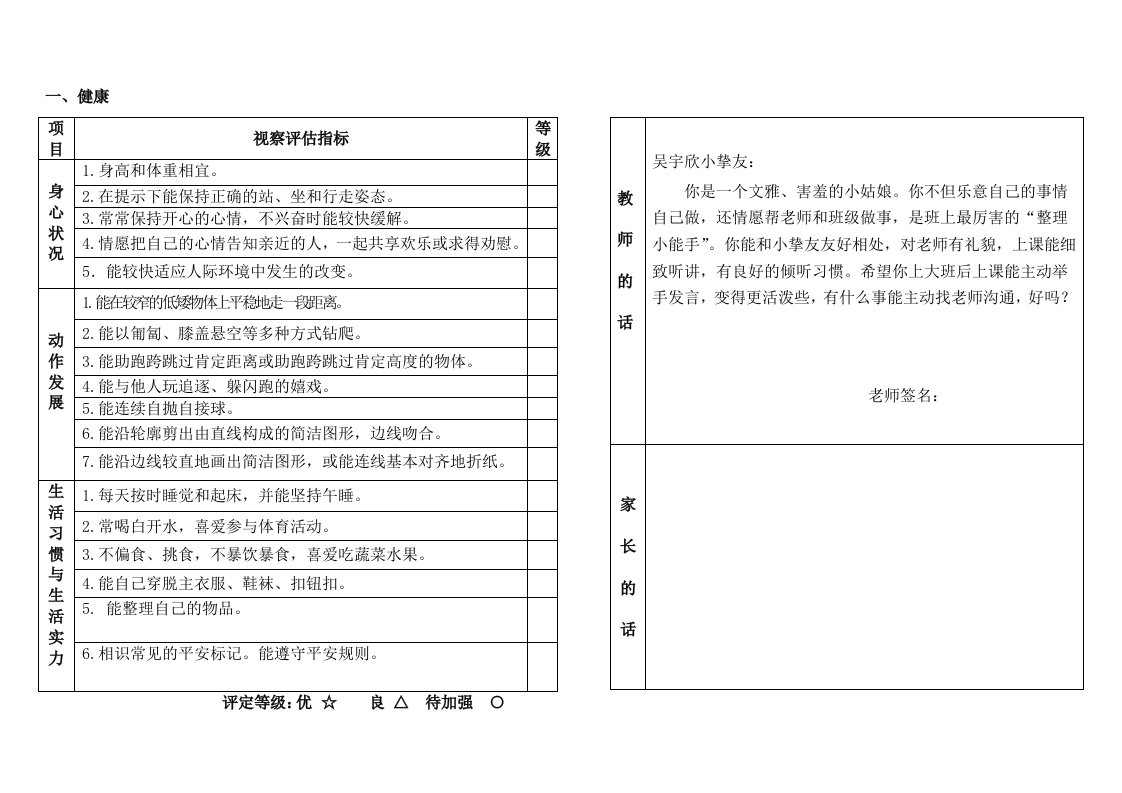 幼儿园中班幼儿发展评估表