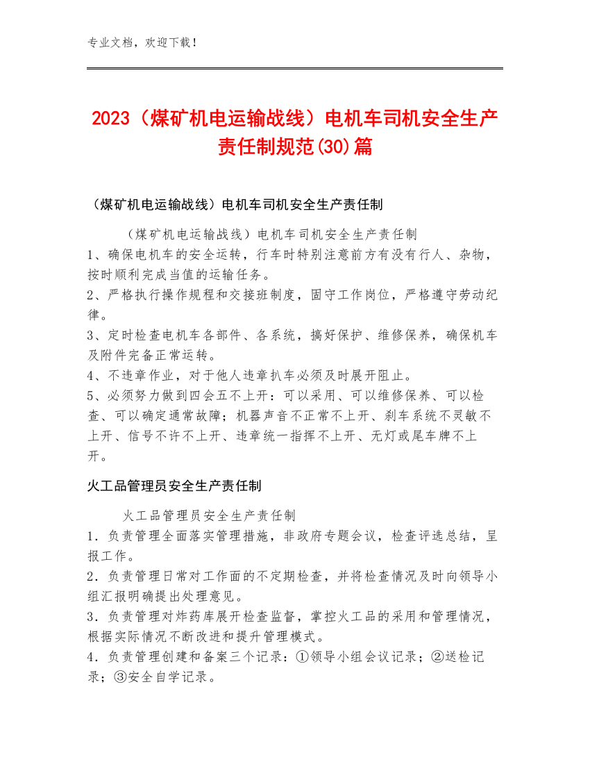 2023（煤矿机电运输战线）电机车司机安全生产责任制规范(30)篇