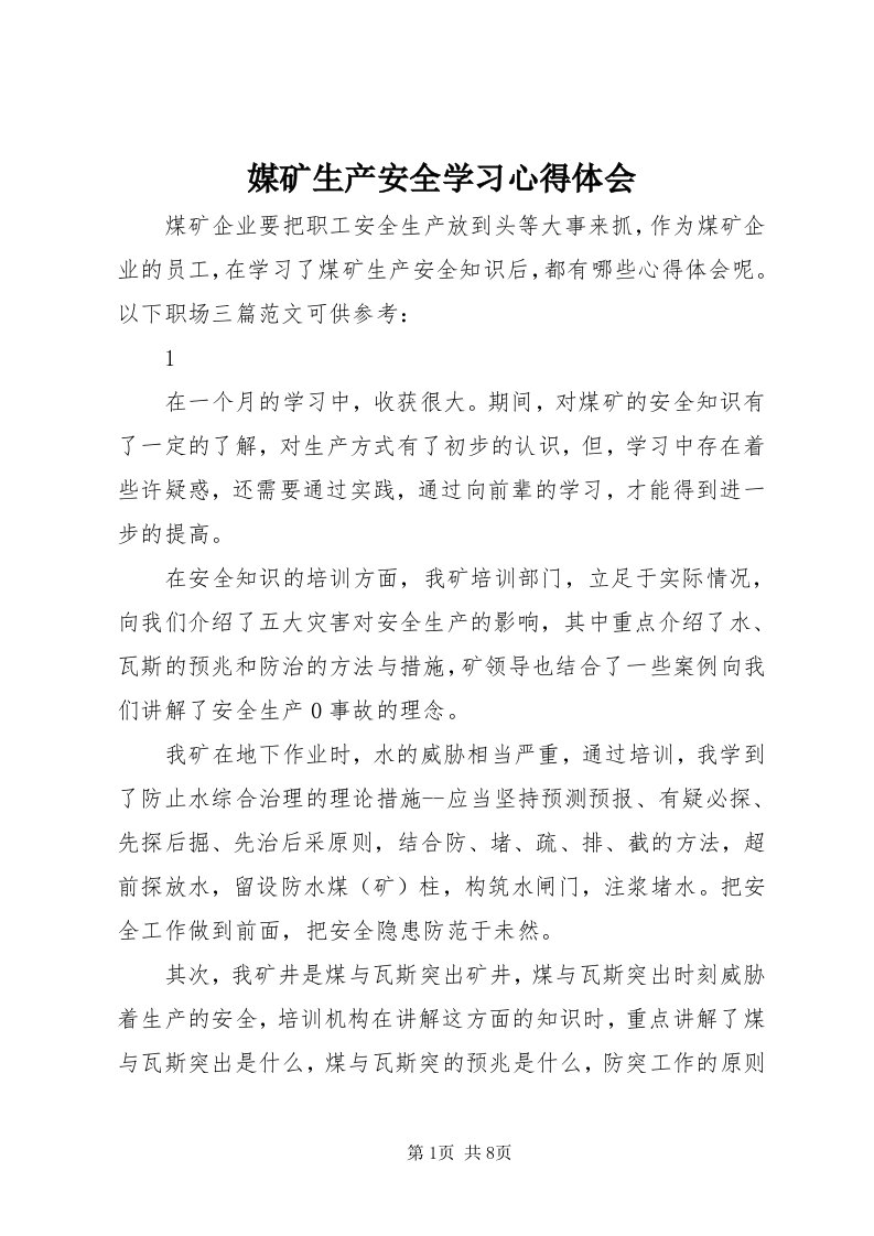 4媒矿生产安全学习心得体会