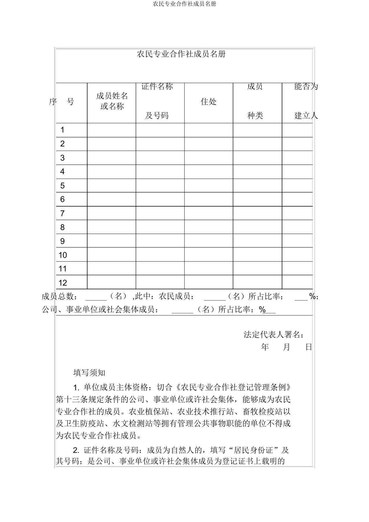 农民专业合作社成员名册