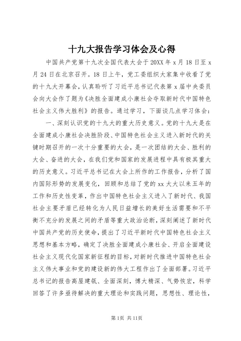 5十九大报告学习体会及心得