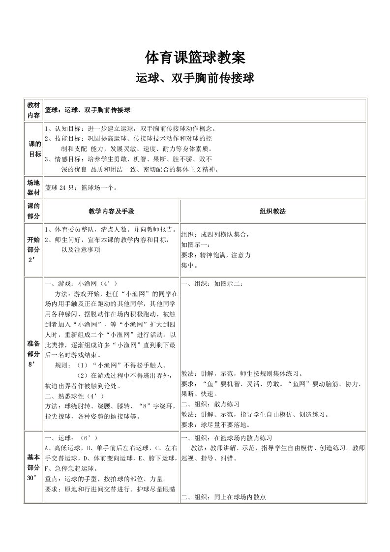 篮球运球和双手胸前传球教学教案