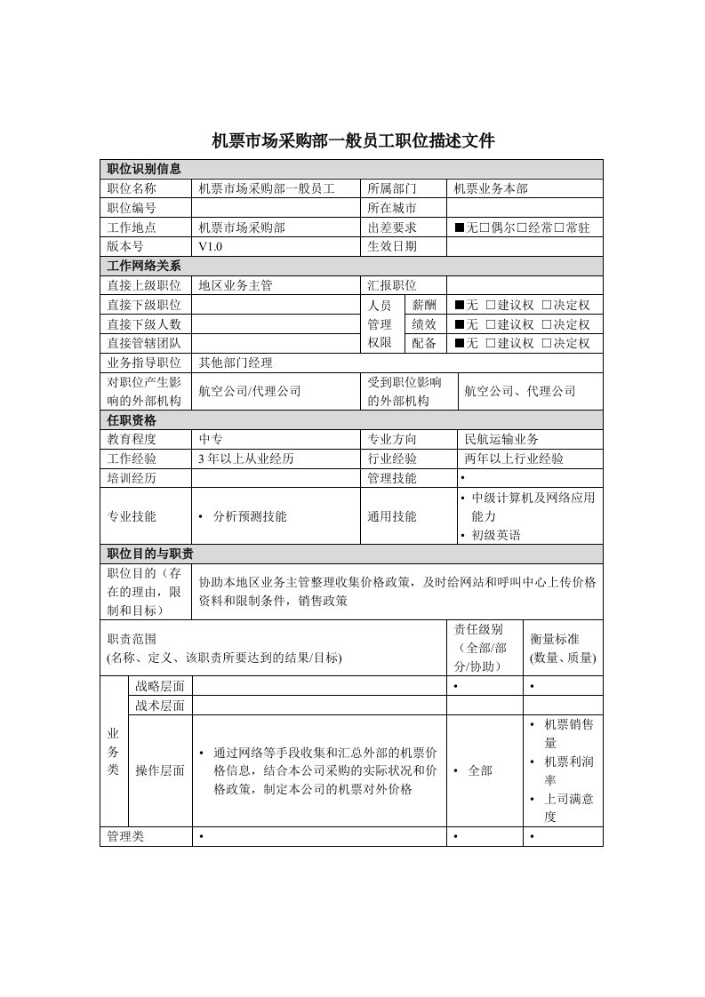 机票市场采购部一般员工岗位说明书