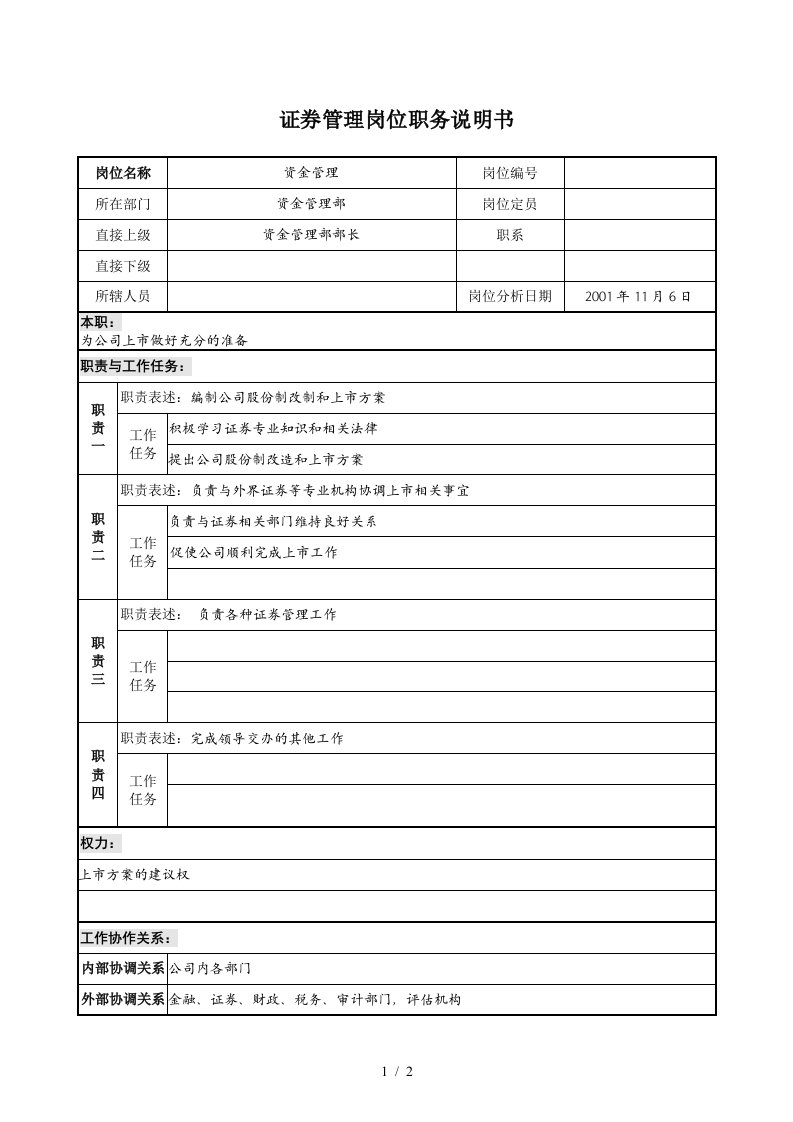 宝地建设集团财务部财务管理职务说明书6