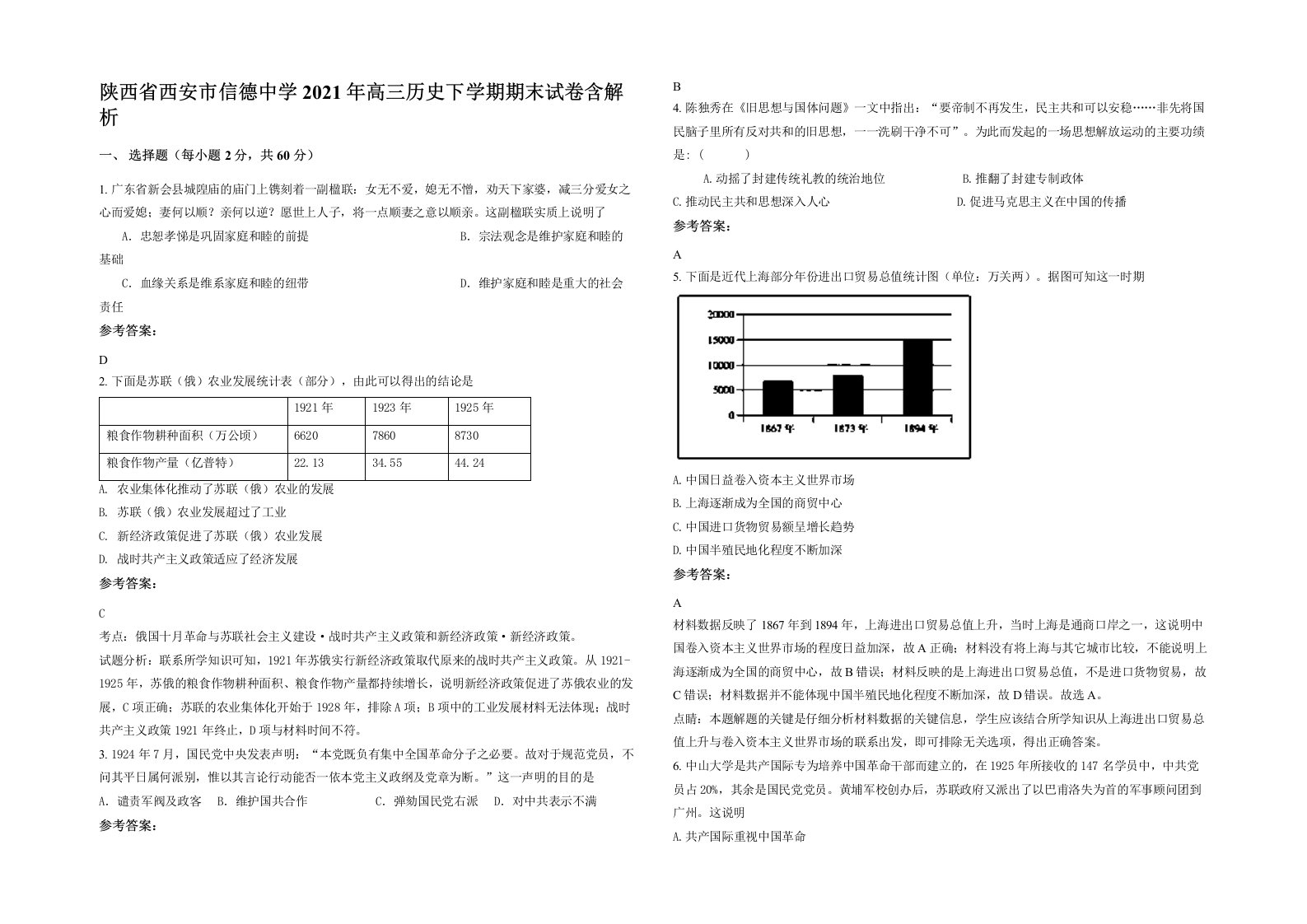 陕西省西安市信德中学2021年高三历史下学期期末试卷含解析