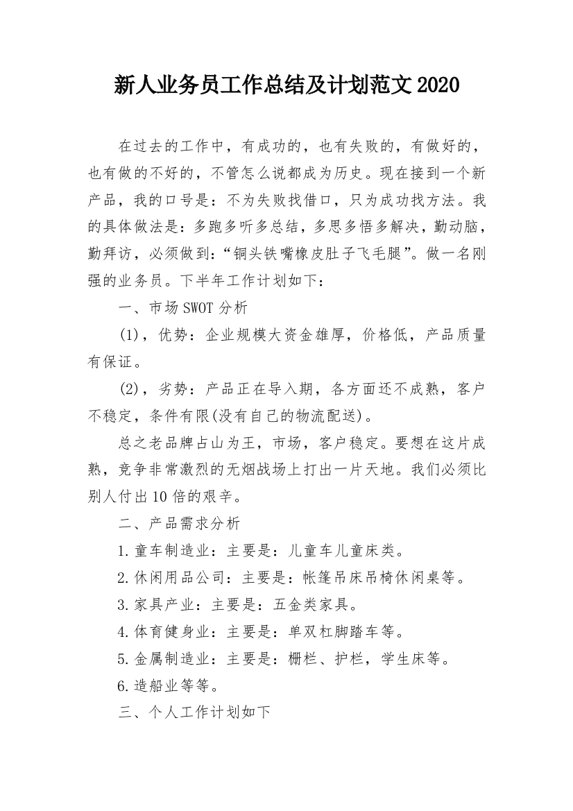 新人业务员工作总结及计划范文2020_1