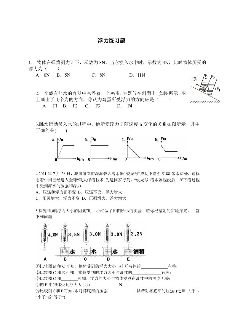 物理人教版八年级下册浮力练习题