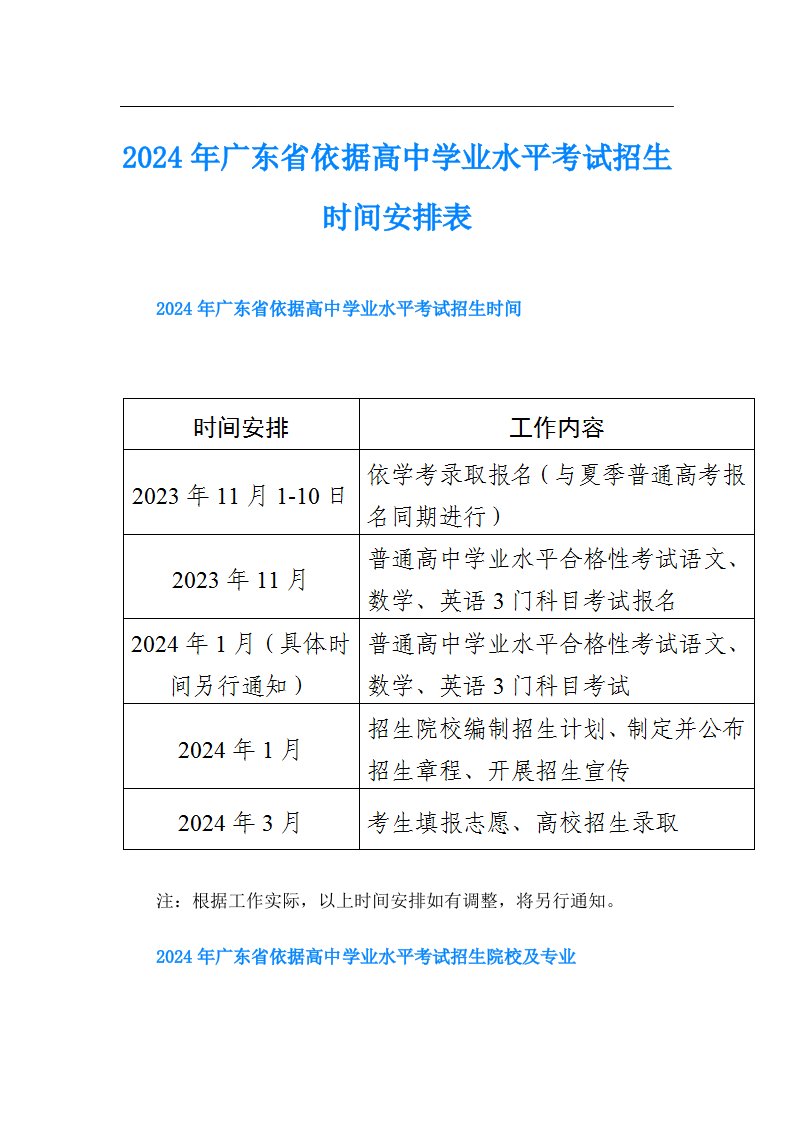 2024年广东省依据高中学业水平考试招生时间安排表