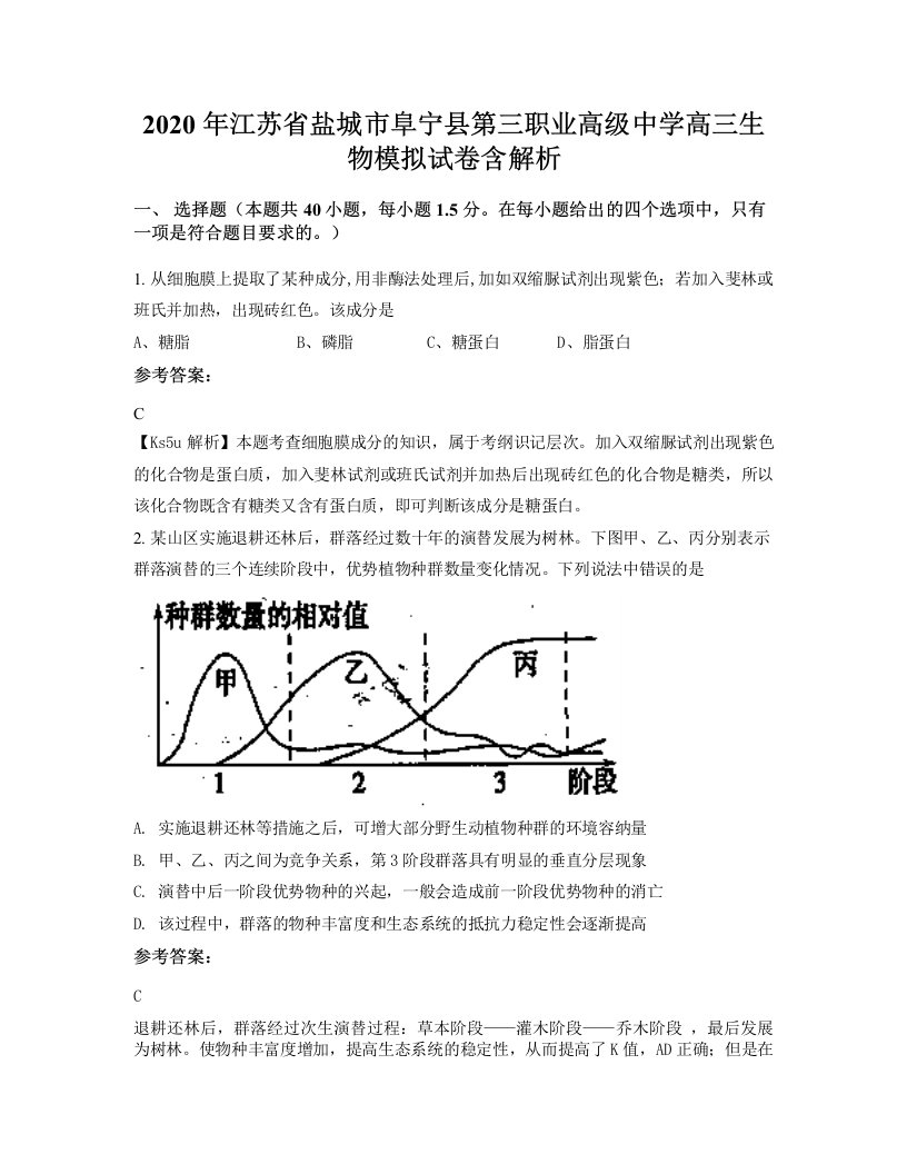 2020年江苏省盐城市阜宁县第三职业高级中学高三生物模拟试卷含解析