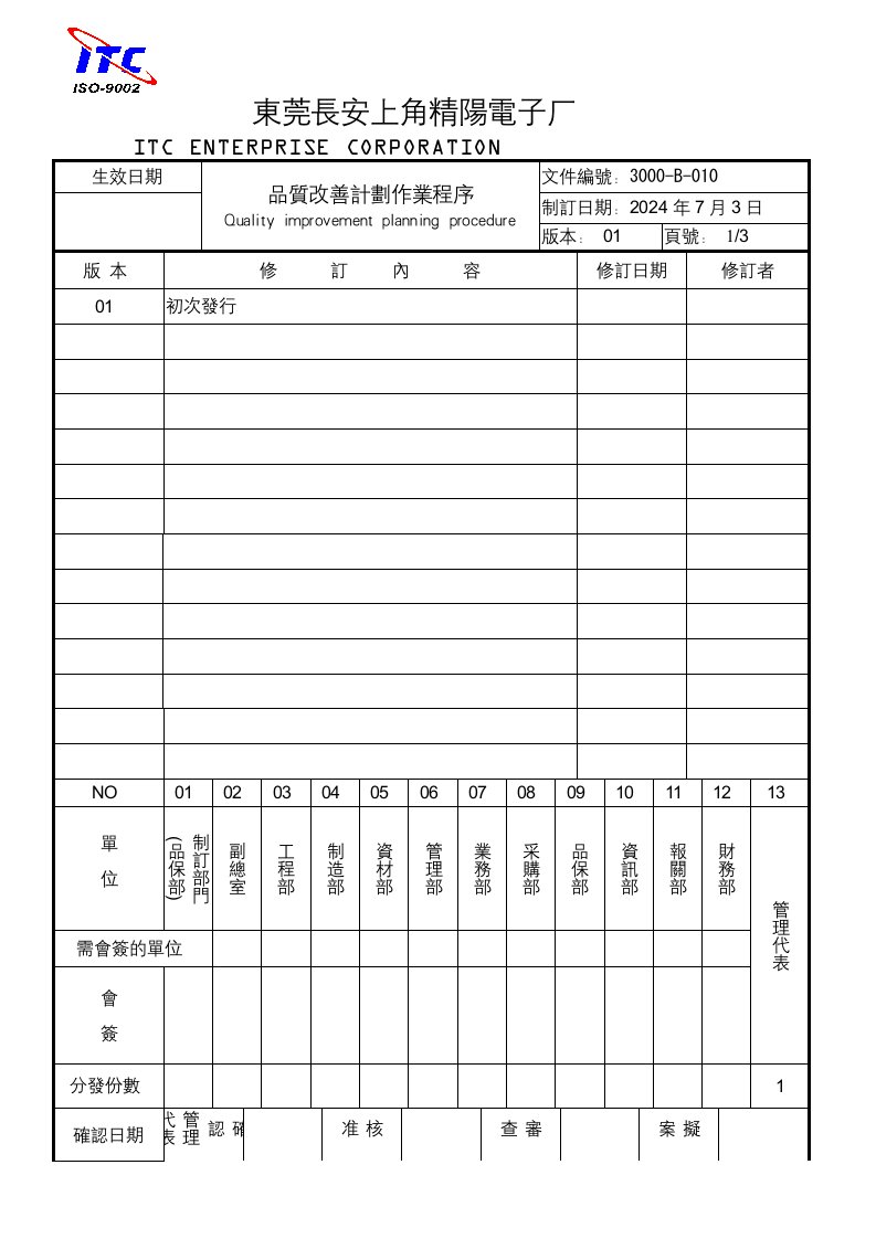 【管理精品】3000-B-010品質改善計划作業程序