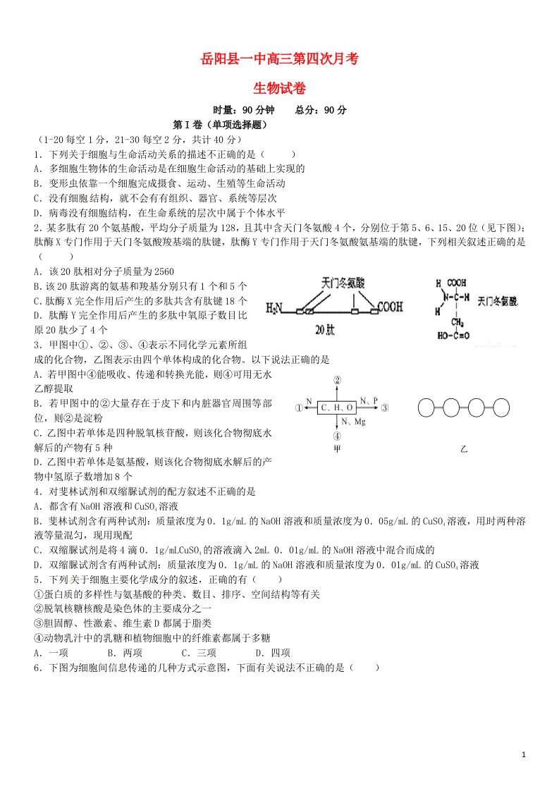 湖南省岳阳县第一中学高三生物上学期第四次月考试题