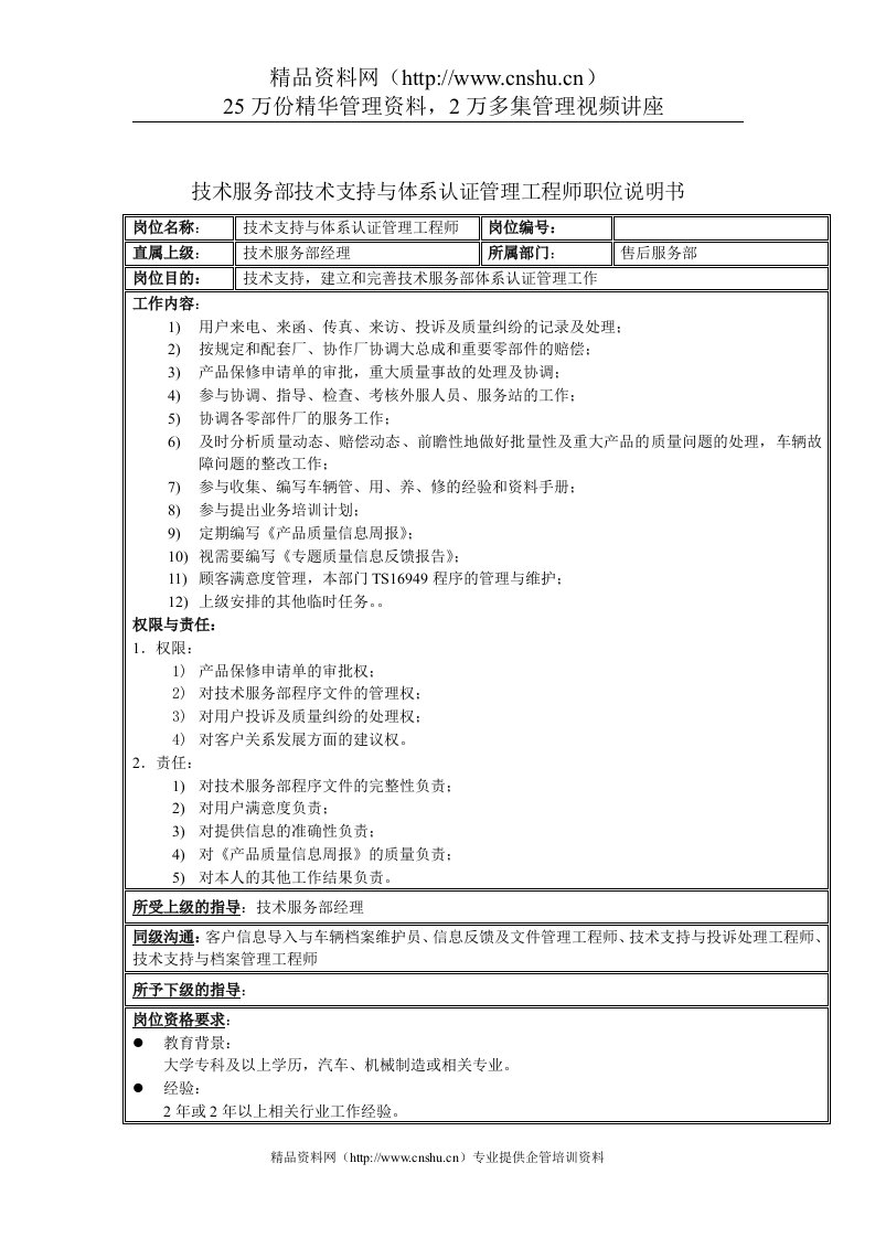 技术服务部技术支持与体系认证管理工程师职位说明书