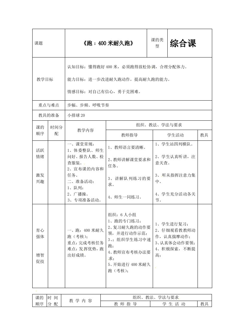 《跑：400米耐久跑》教案