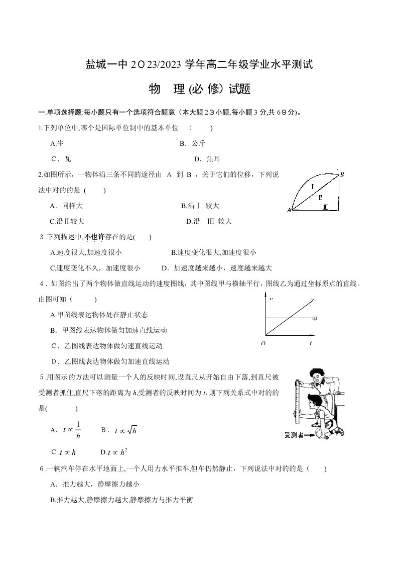 2023年盐城一中高二年级学业水平测试模拟考试物理试题特约