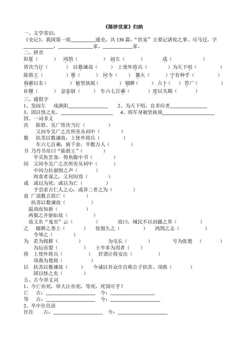 【小学中学教育精选】陈涉世家知识点练习题