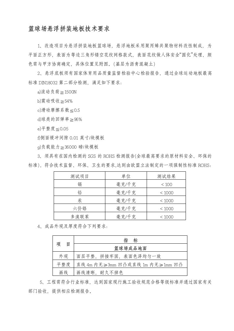 篮球场悬浮地板技术要求