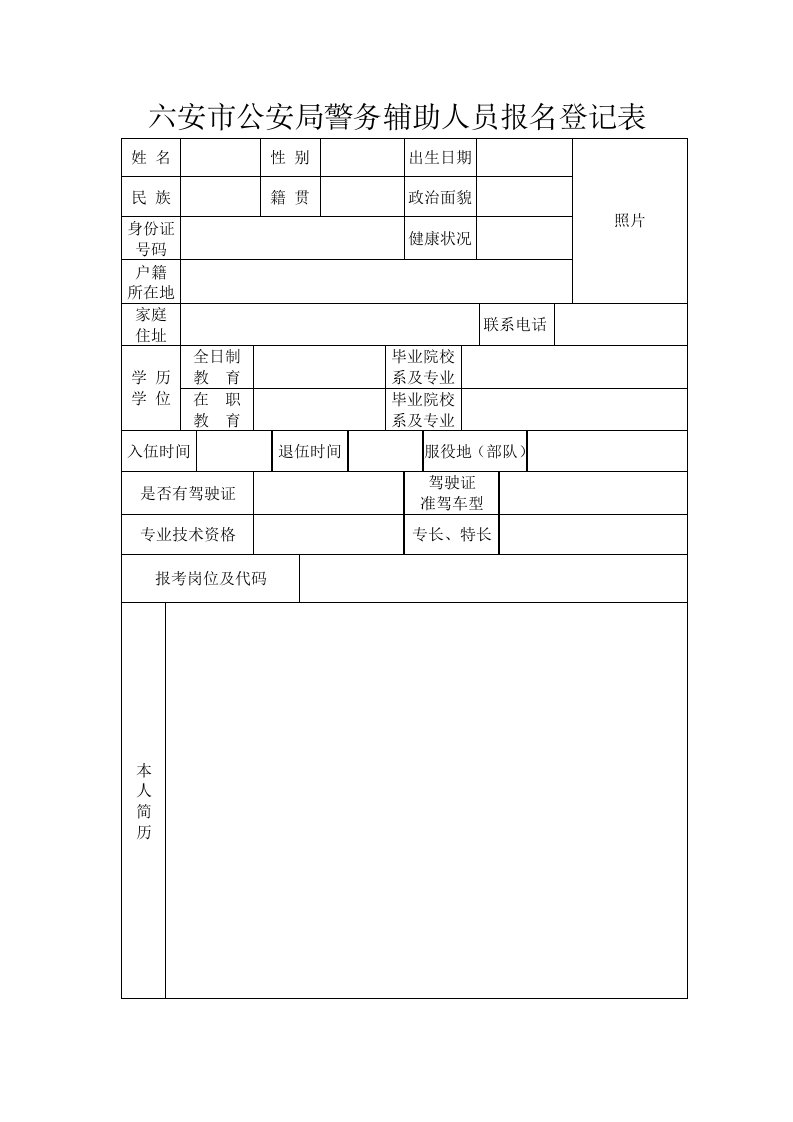 六安市公安局警务辅助人员报名登记表