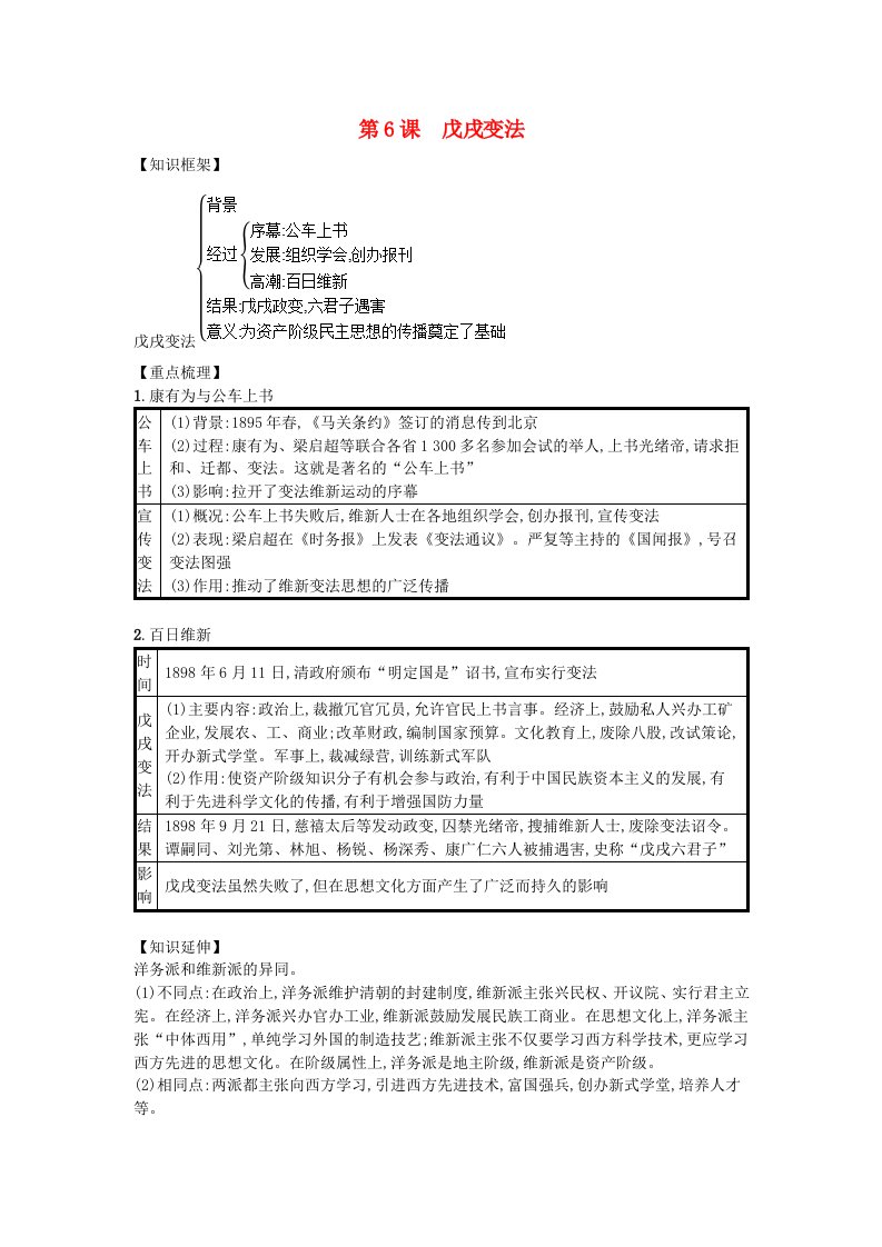 八年级历史上册第二单元近代化早期探索与民族危机加剧第6课戊戌变法知识点总结新人教版2