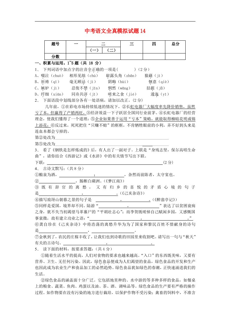 中考语文全真模拟试题14