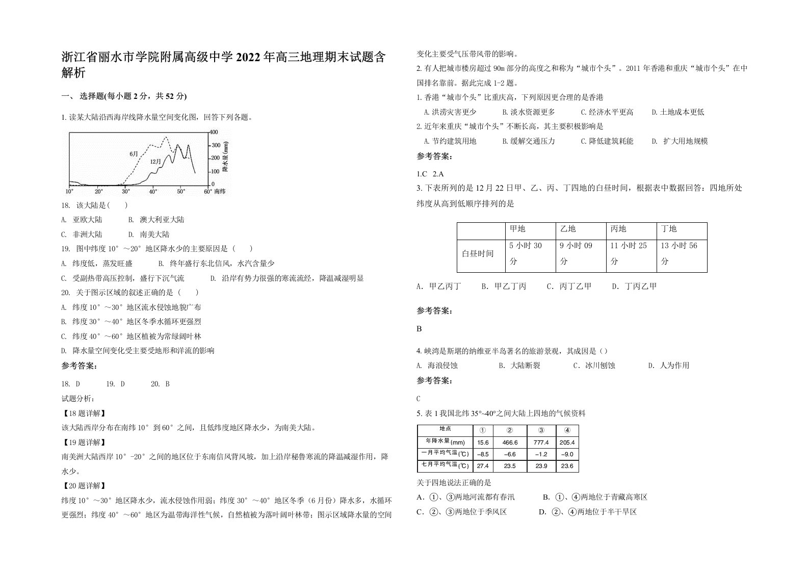 浙江省丽水市学院附属高级中学2022年高三地理期末试题含解析