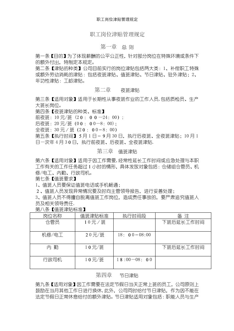 职工岗位津贴管理规定