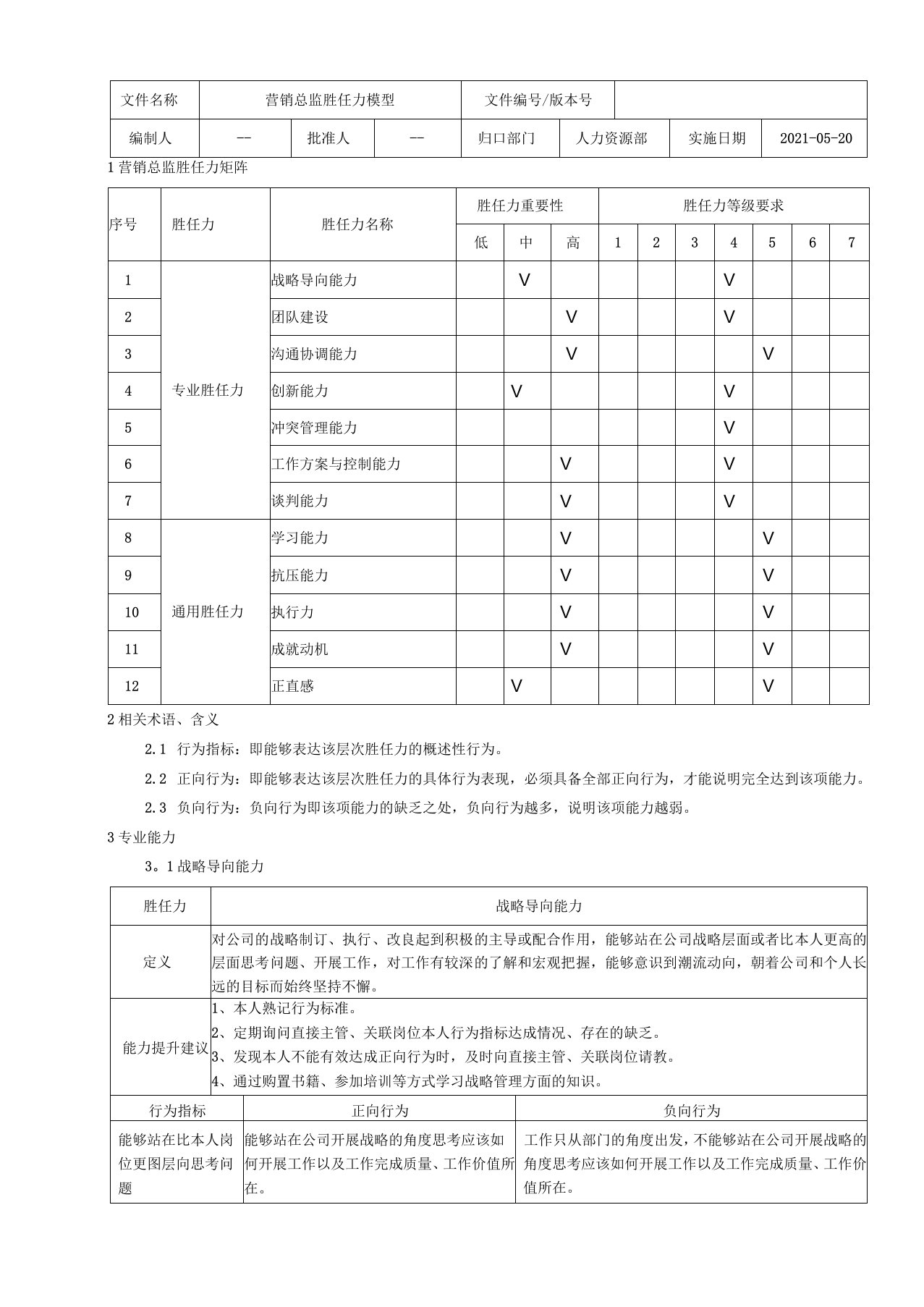 营销总监胜任力模型