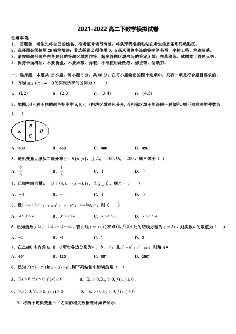 2022年阳江市重点中学数学高二第二学期期末质量检测试题含解析