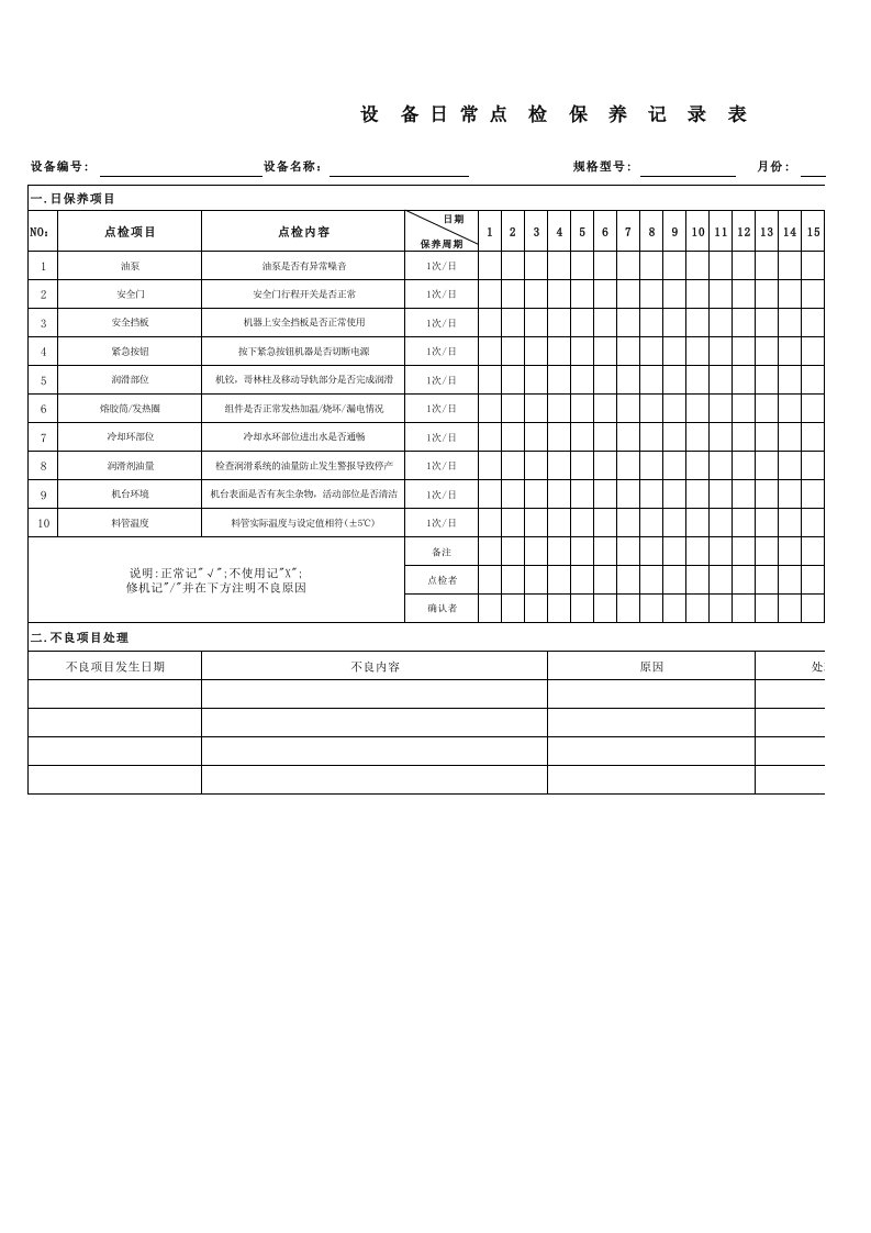 注塑机日常点检保养记录表