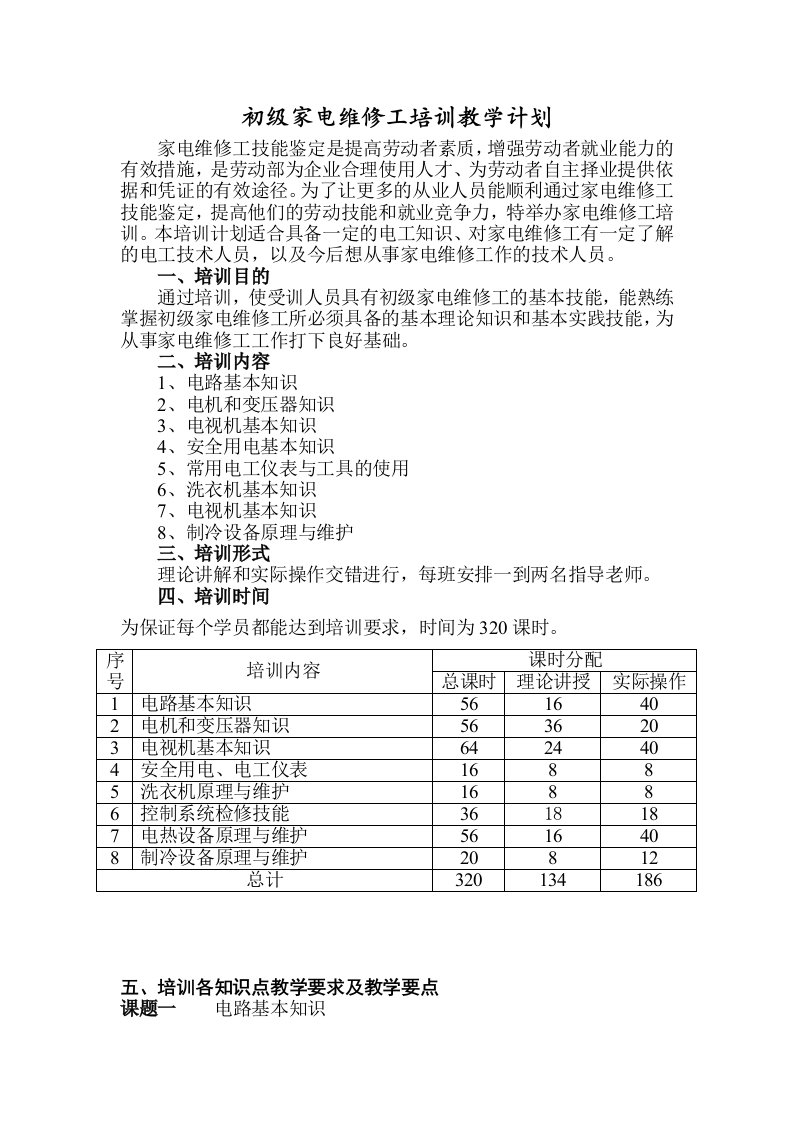 家电维修工培训教学计划