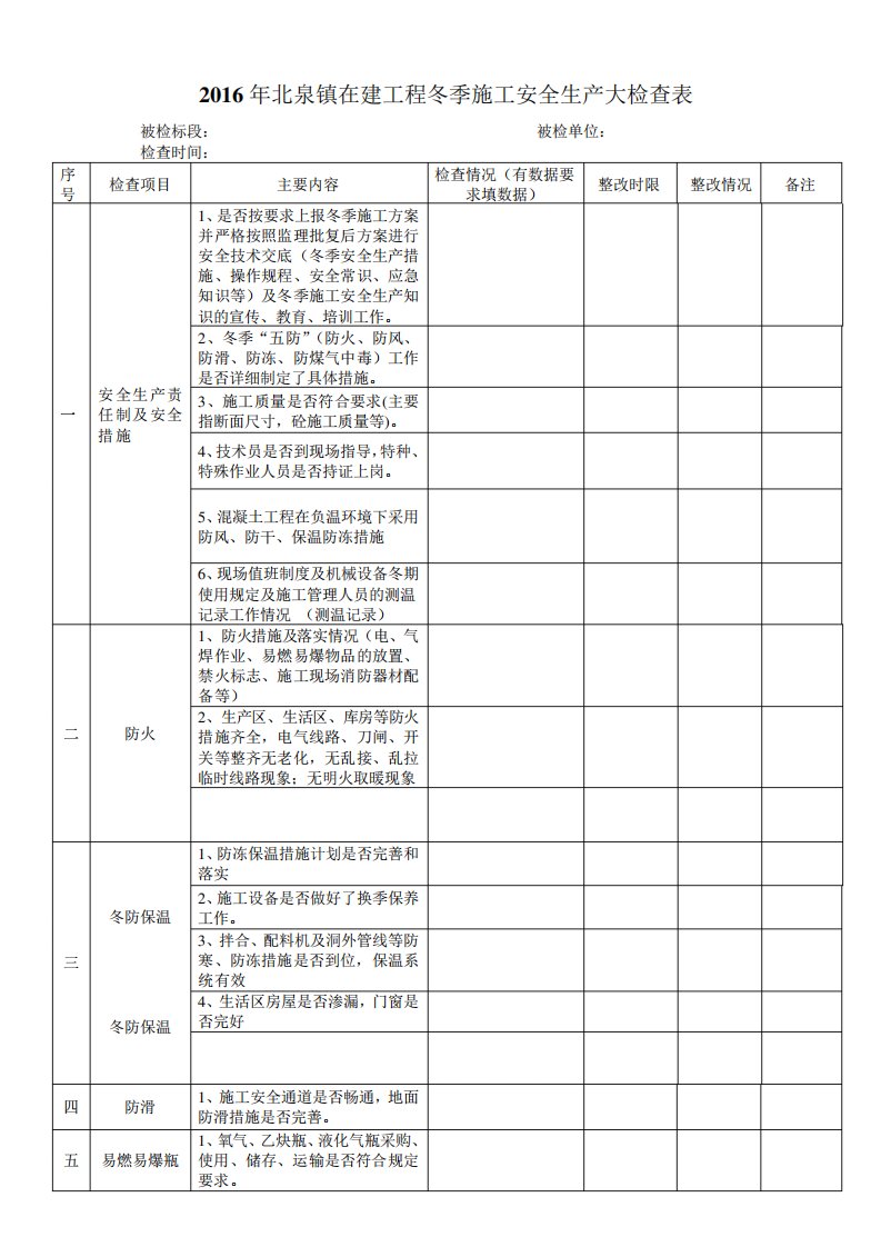 冬季施工安全检查表