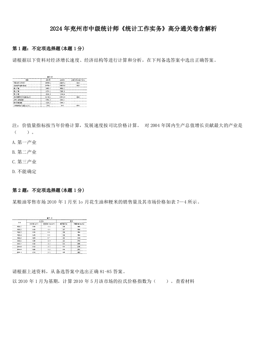 2024年兖州市中级统计师《统计工作实务》高分通关卷含解析