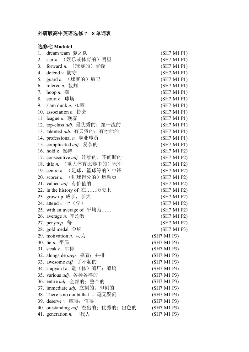 外研版高中英语选修7—8单词表