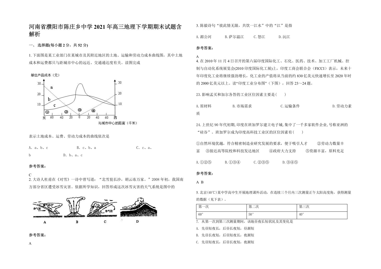 河南省濮阳市陈庄乡中学2021年高三地理下学期期末试题含解析