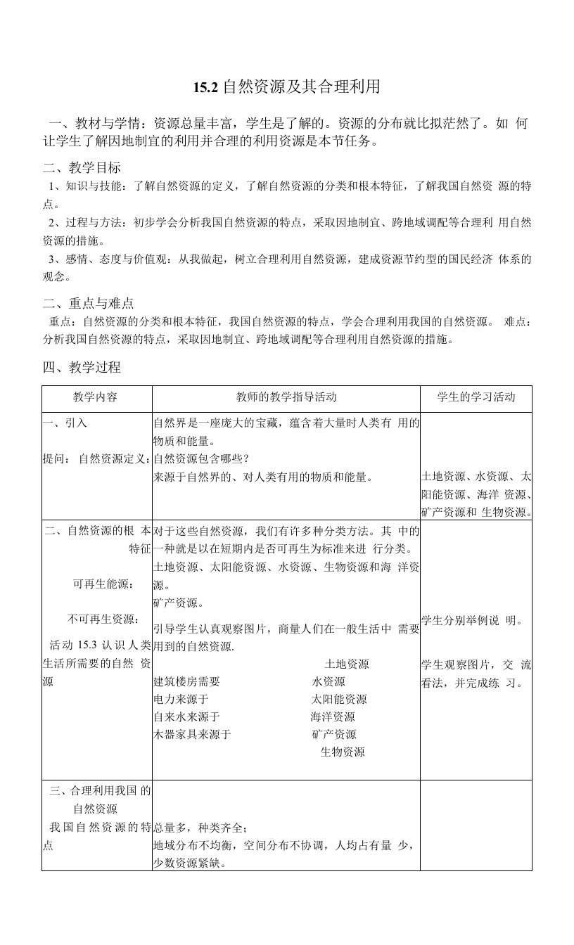 初一科学教案：自然资源及其合理利用