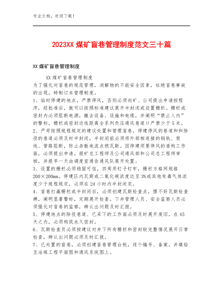 2023XX煤矿盲巷管理制度范文三十篇