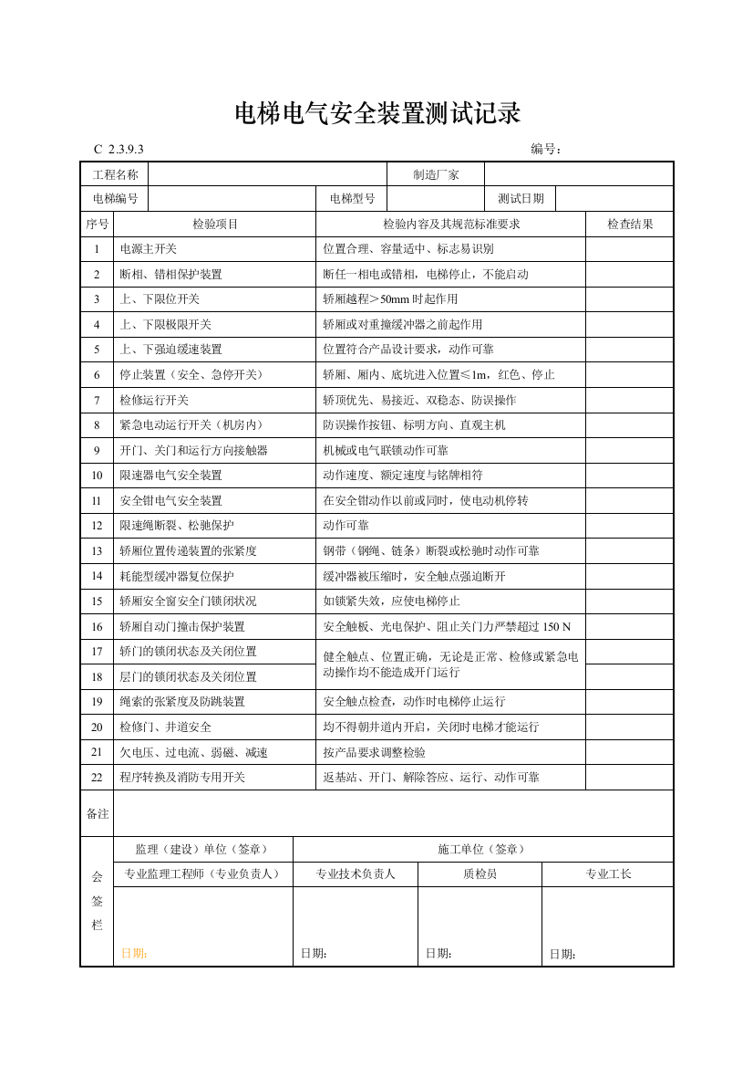 工程资料编制规程C施工资料电梯电气安全装置测试记录