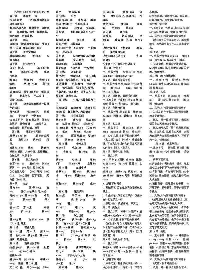 人教版语文九年级上课后生字汇总