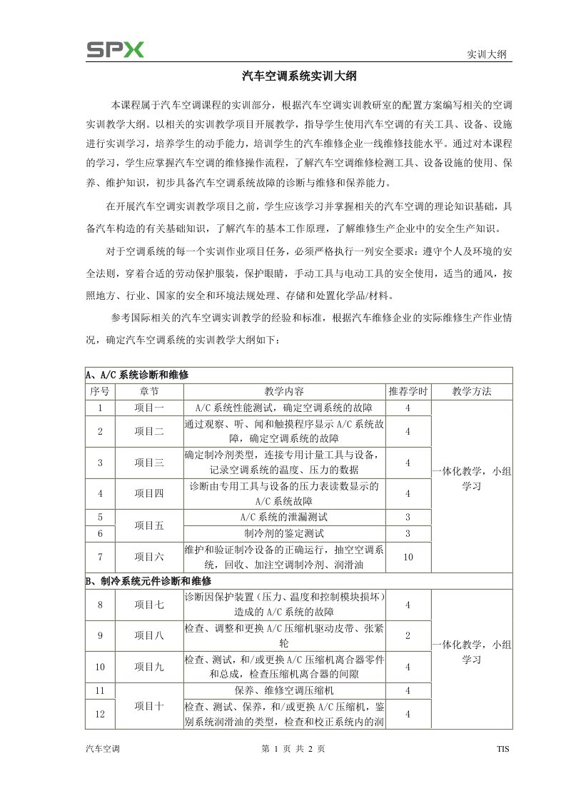 汽车空调系统实训教学大纲