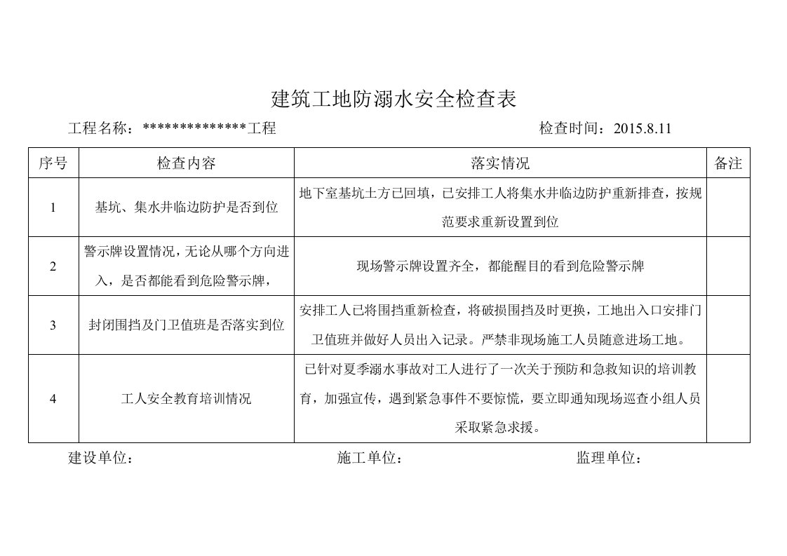 建筑工地防溺水安全检查表