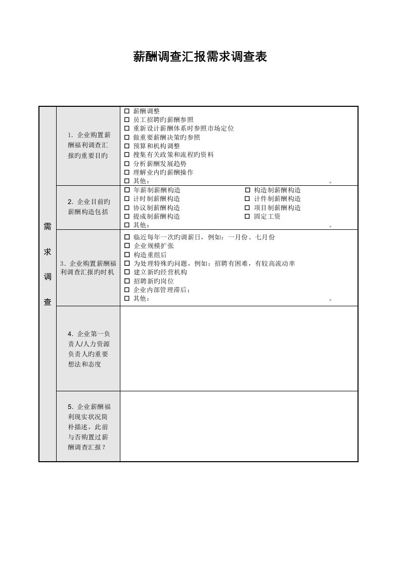 薪酬调查报告需求表版