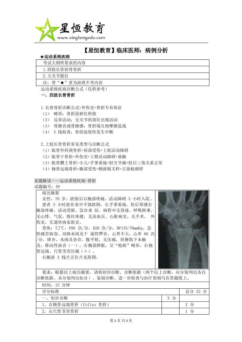 星恒医学教育网病例分析之运动系统疾病