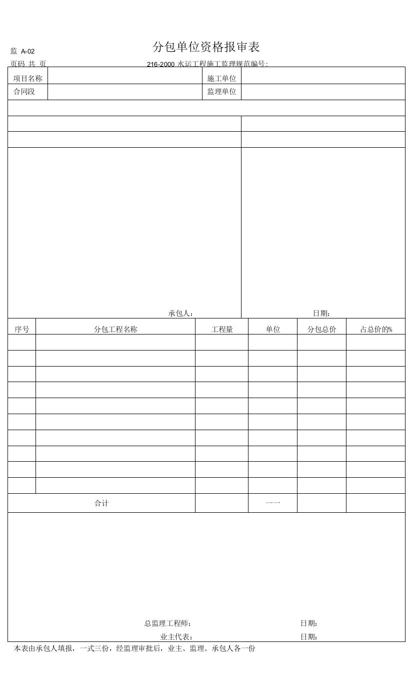 监A-02-分包单位资格报审表