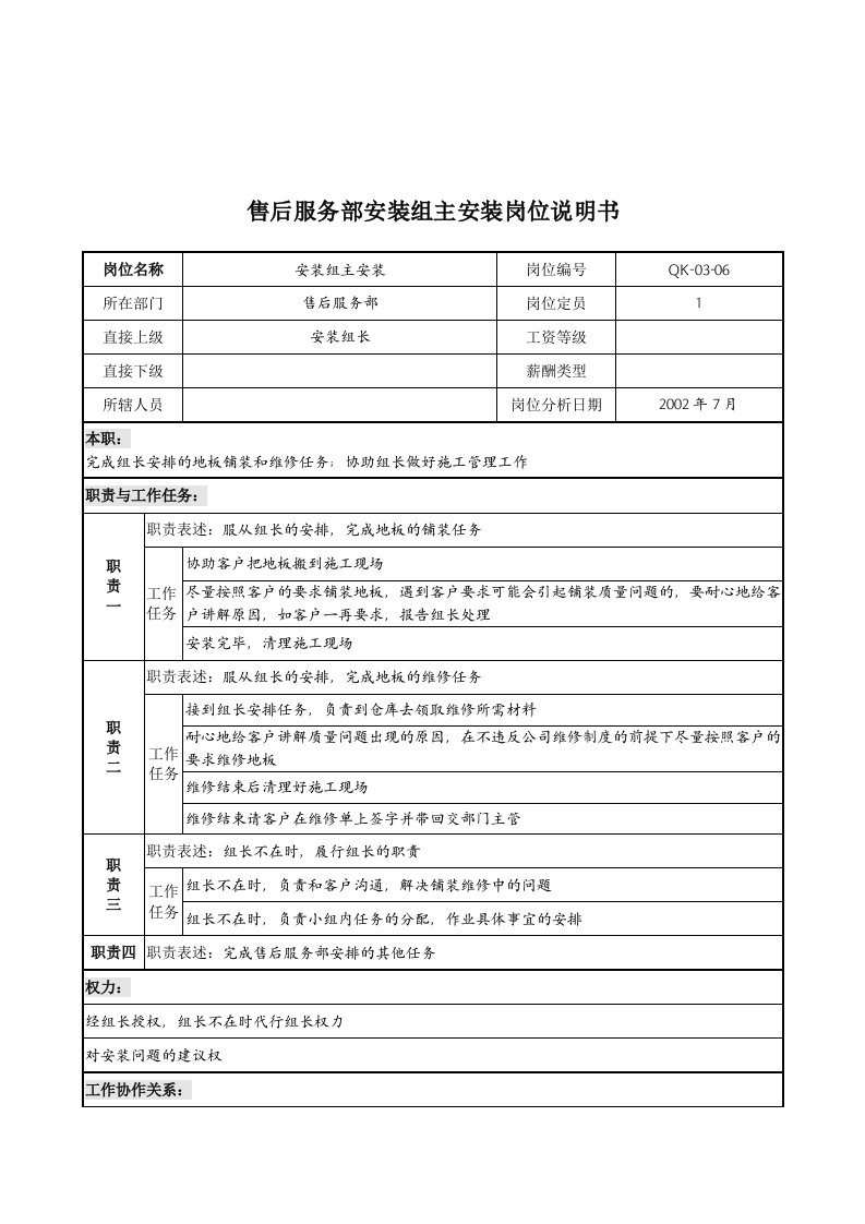 精选乾坤木业公司售后服务部安装组主安装岗位说明书