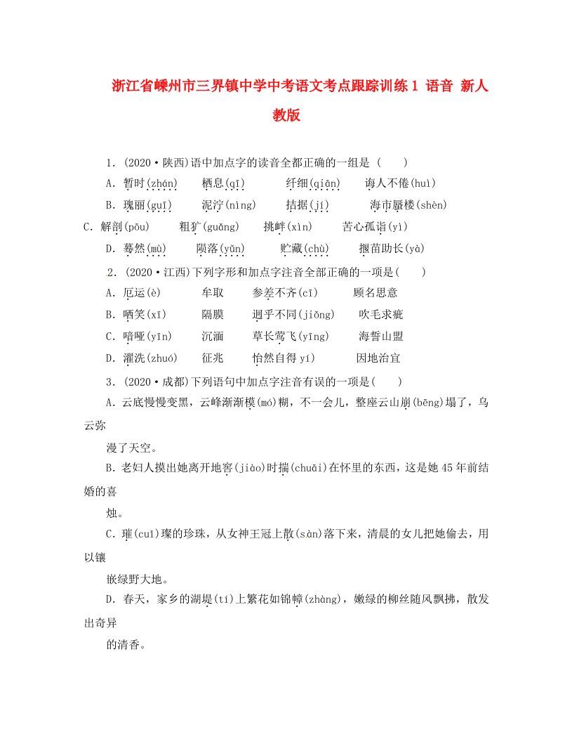 浙江省嵊州市三界镇中学中考语文考点跟踪训练1语音无答案新人教版通用