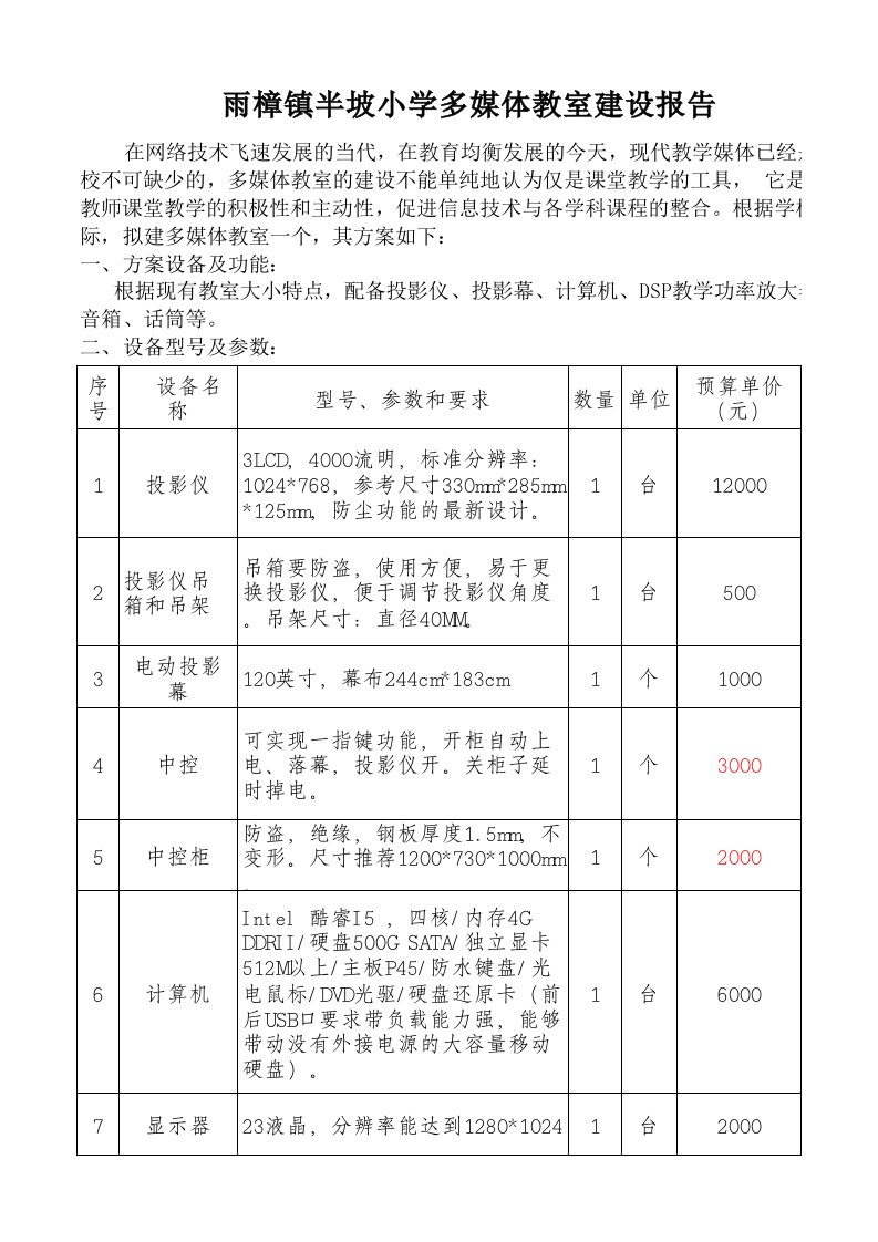 雨樟镇半坡小学多媒体教室建设报告