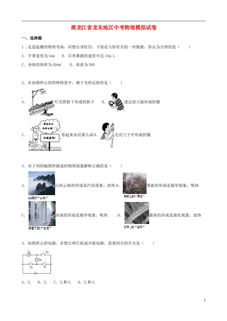 黑龙江省龙东地区中考物理模拟试题（含解析）